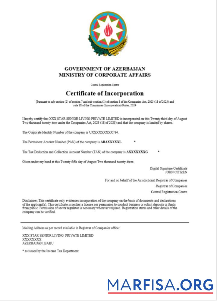 Downloadable Azerbaijan certificate of registration Word and PDF template
